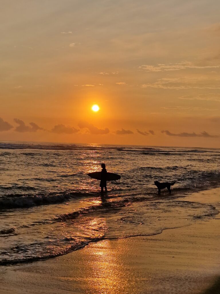person silhouette walking beach golden sunrise cabarete