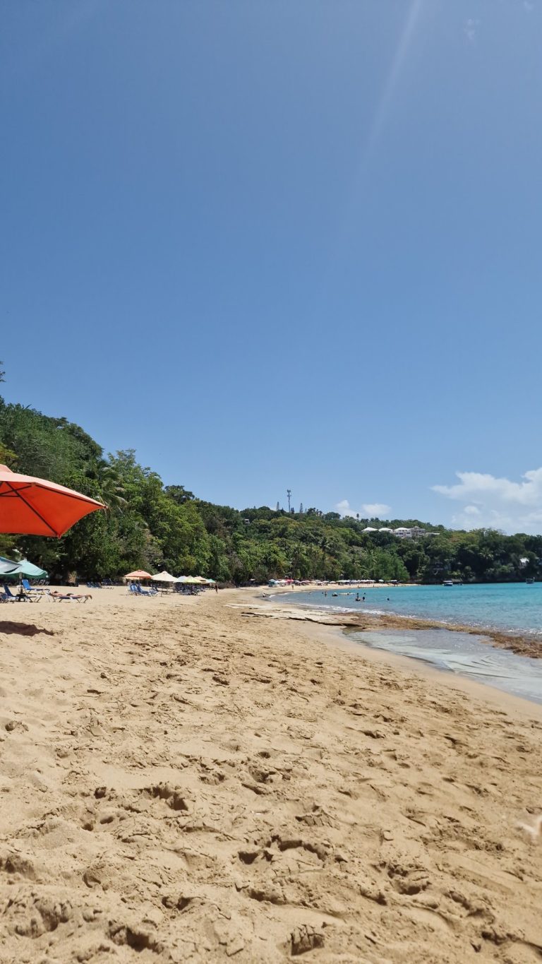 beach red umbrella forested green hills sosua