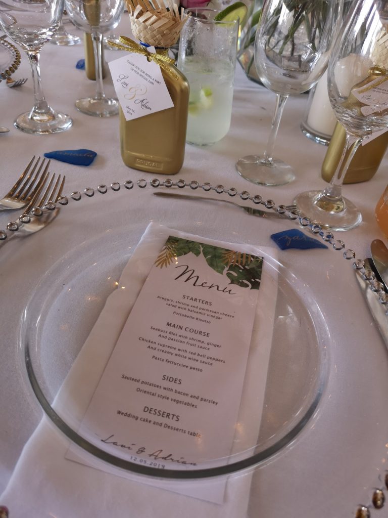 beach wedding table tropical menu card crystal glasses punta cana