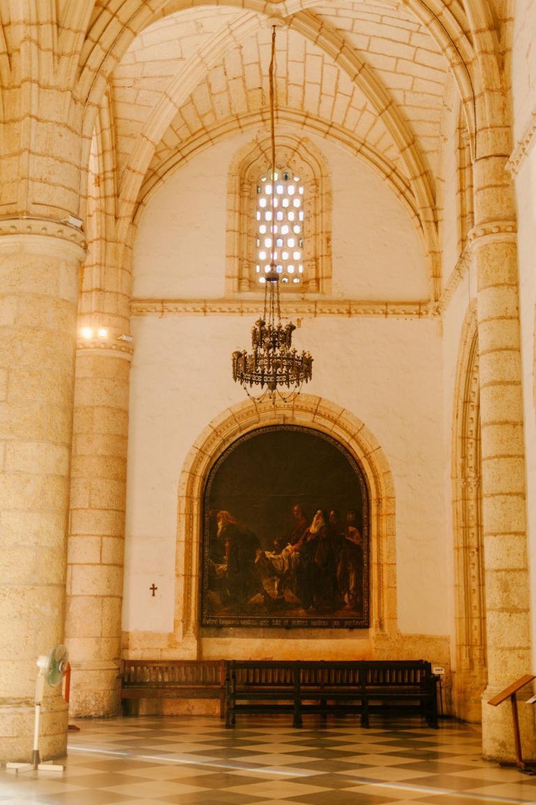 church interior chandelier fresco altos de chavon