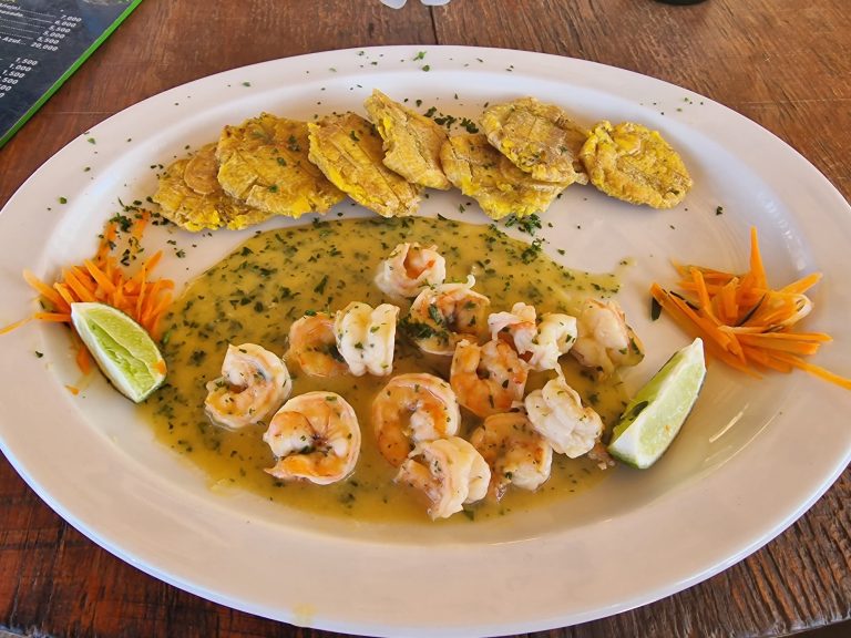 garlic shrimp tostones oval plate frico beach punta rucia