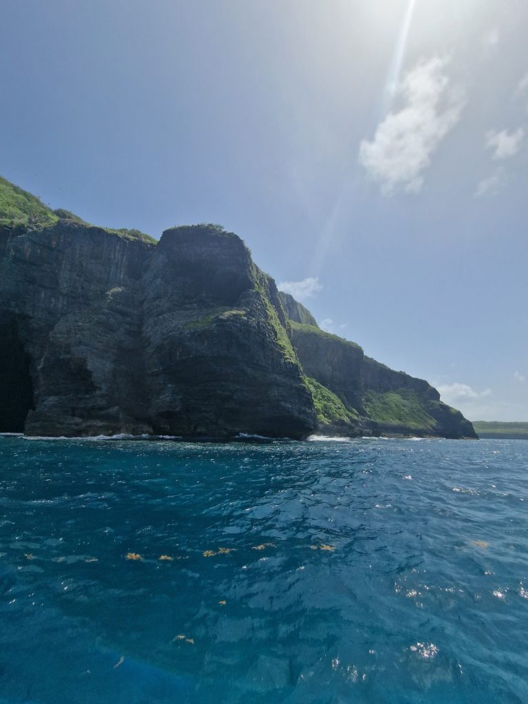playa fronton green cliff face from sea sunlit samana