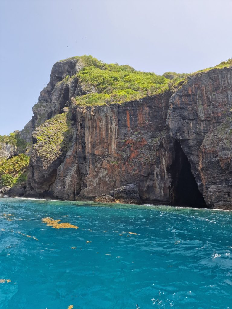 playa fronton layered rock cliff seabirds turquoise water samana