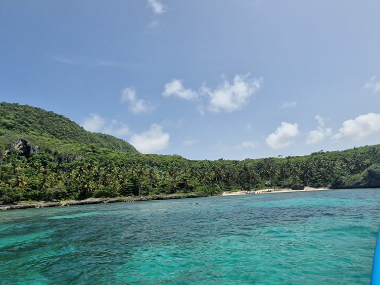 playa fronton wide view from sea forested mountains samana