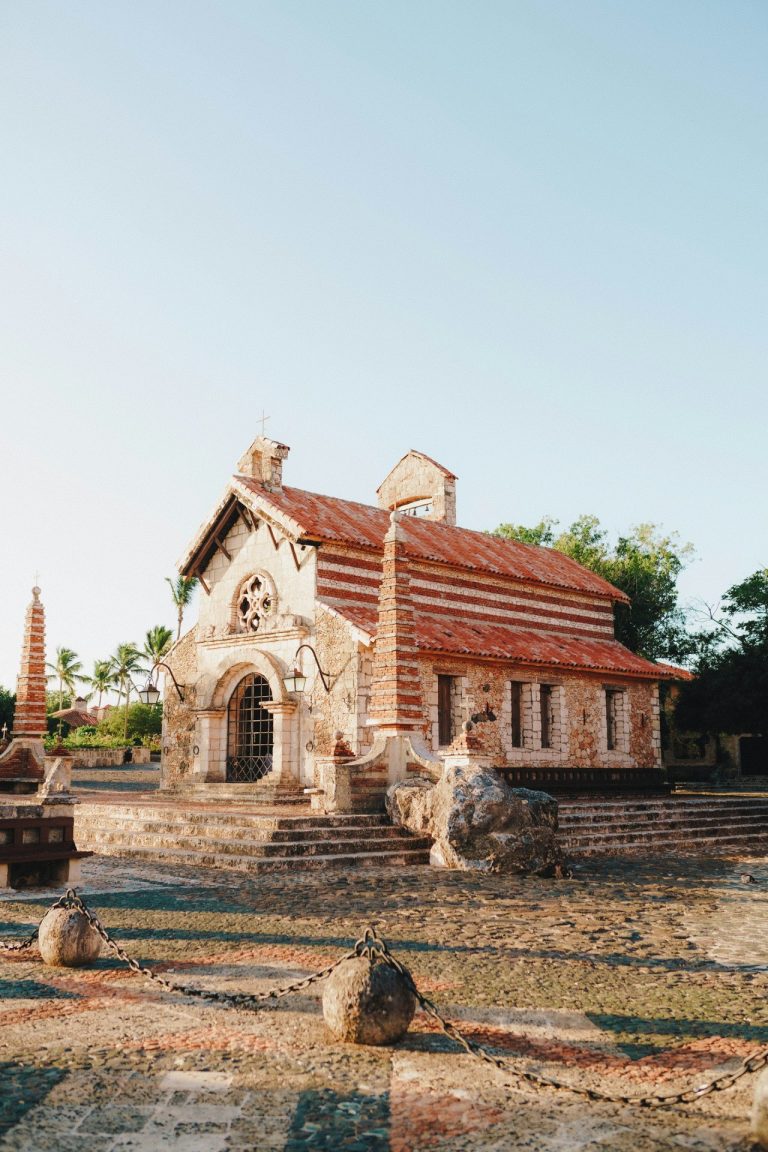 stone church red roof steps altos de chavon la romana